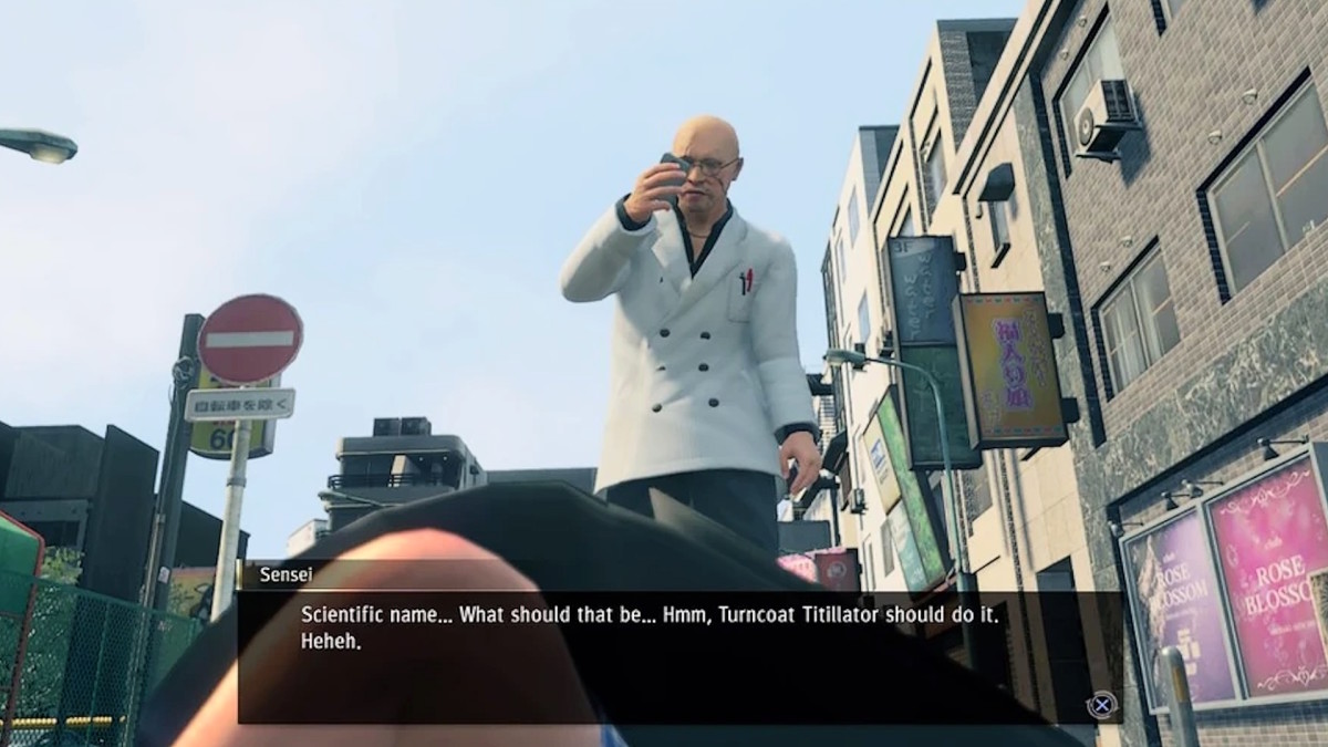 An animated Japanese man wearing a white coat is standing over an unconscious man holding a phone